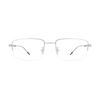 a polished silver half-rimless frame and accented by sleek black and silver temples