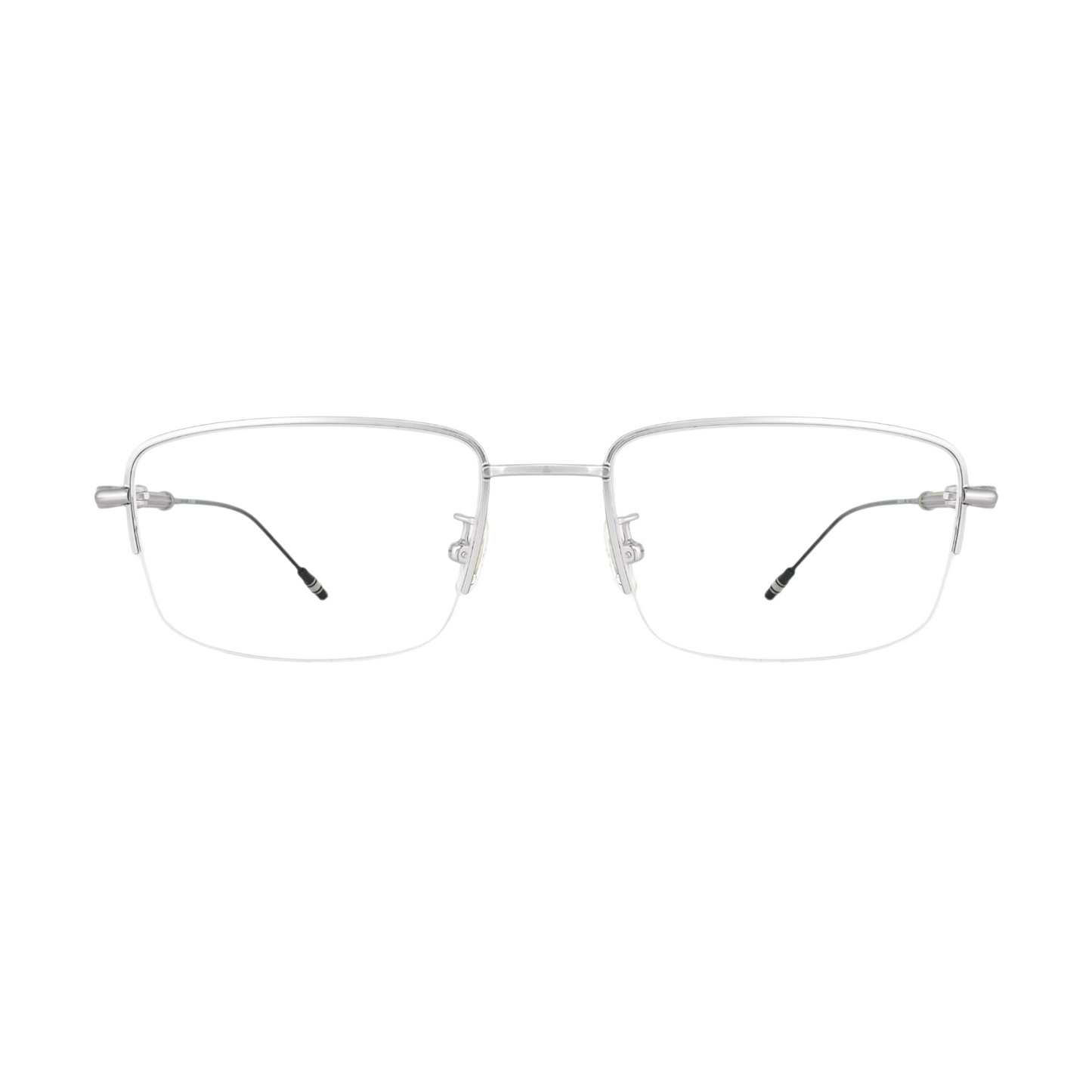 a polished silver half-rimless frame and accented by sleek black and silver temples