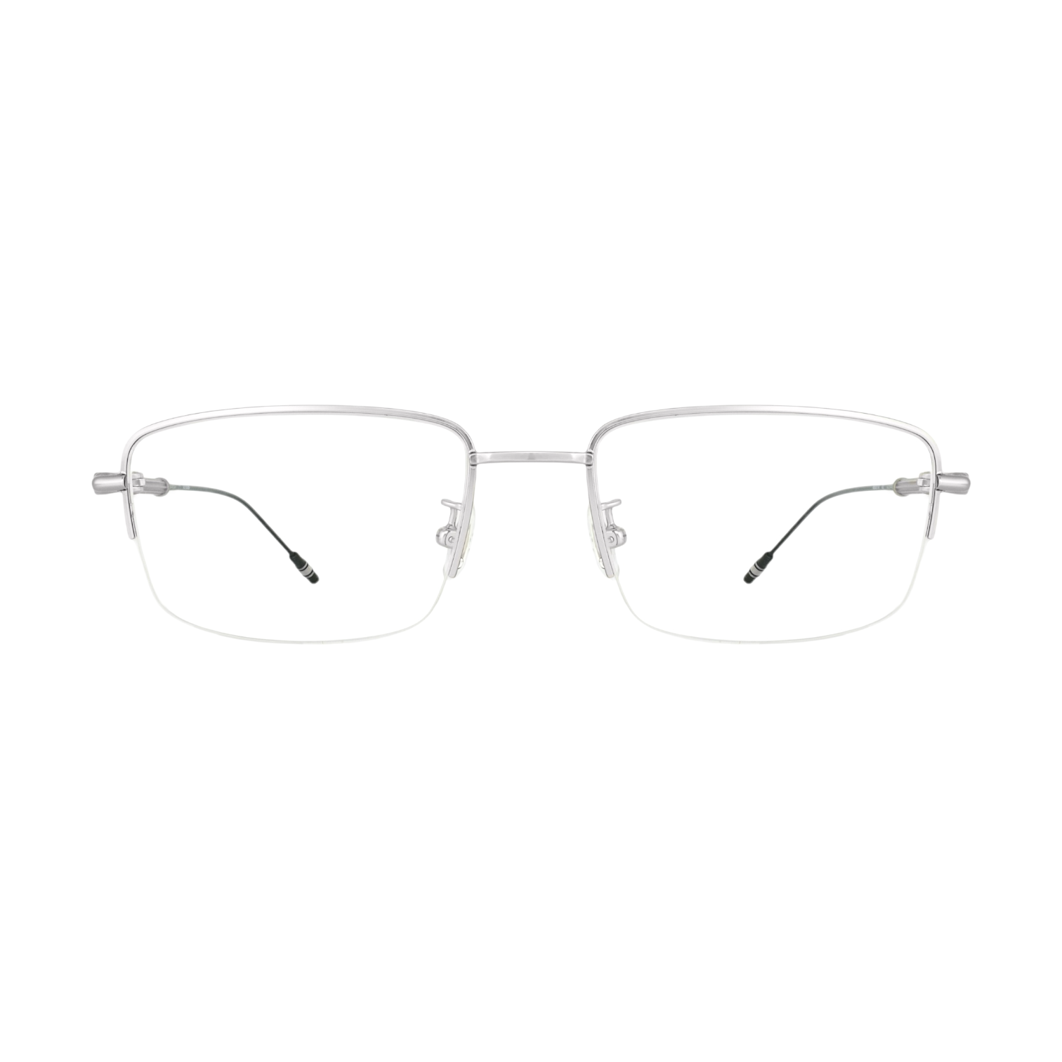 a polished silver half-rimless frame and accented by sleek black and silver temples