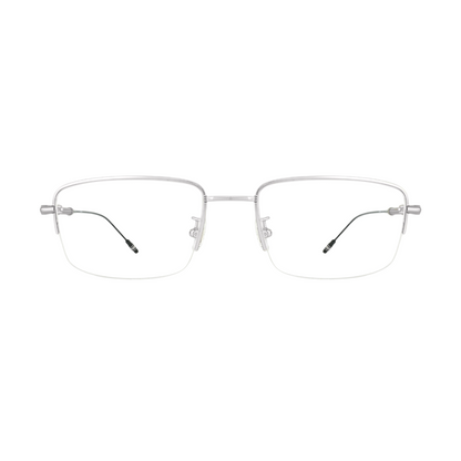 a polished silver half-rimless frame and accented by sleek black and silver temples