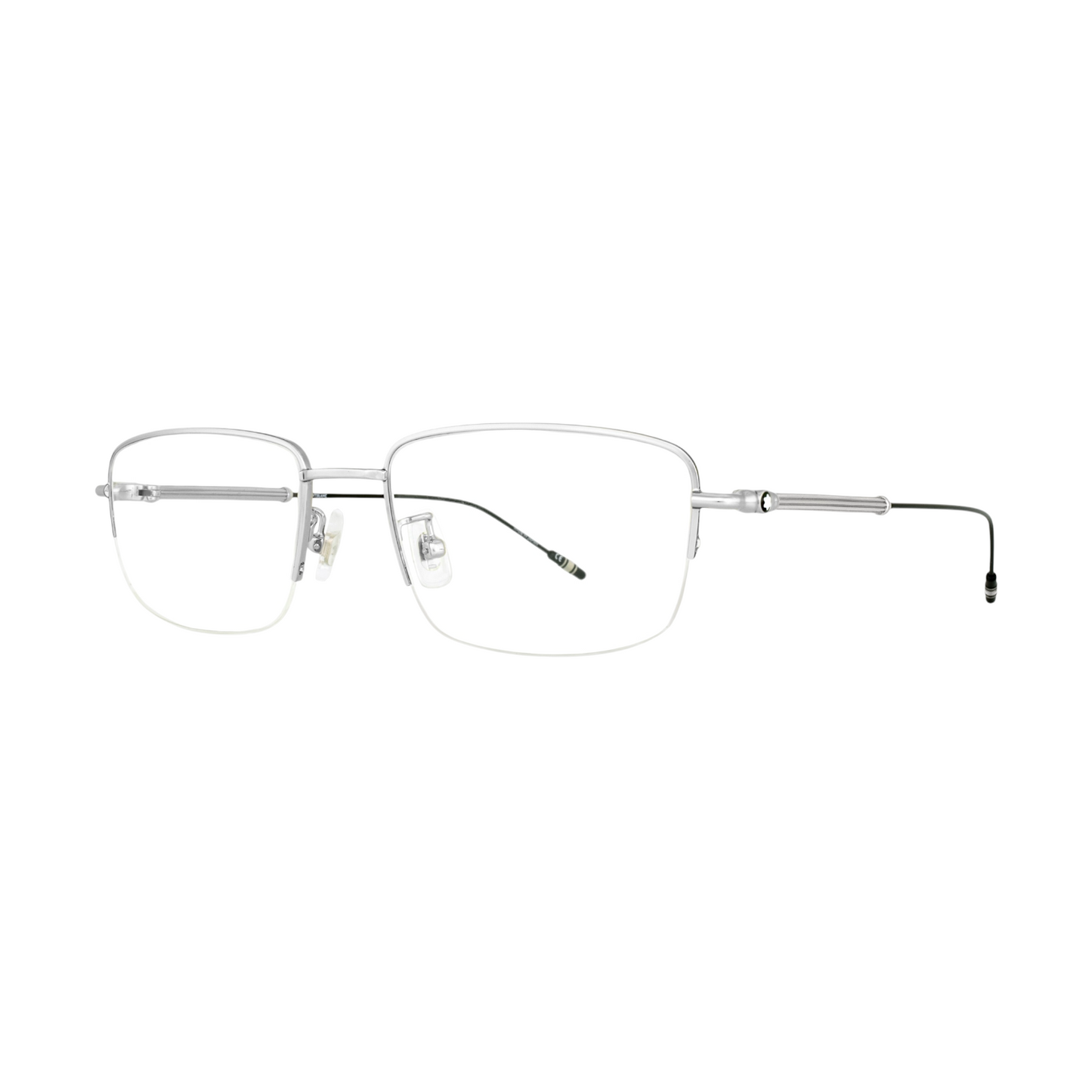 a polished silver half-rimless frame and accented by sleek black and silver temples